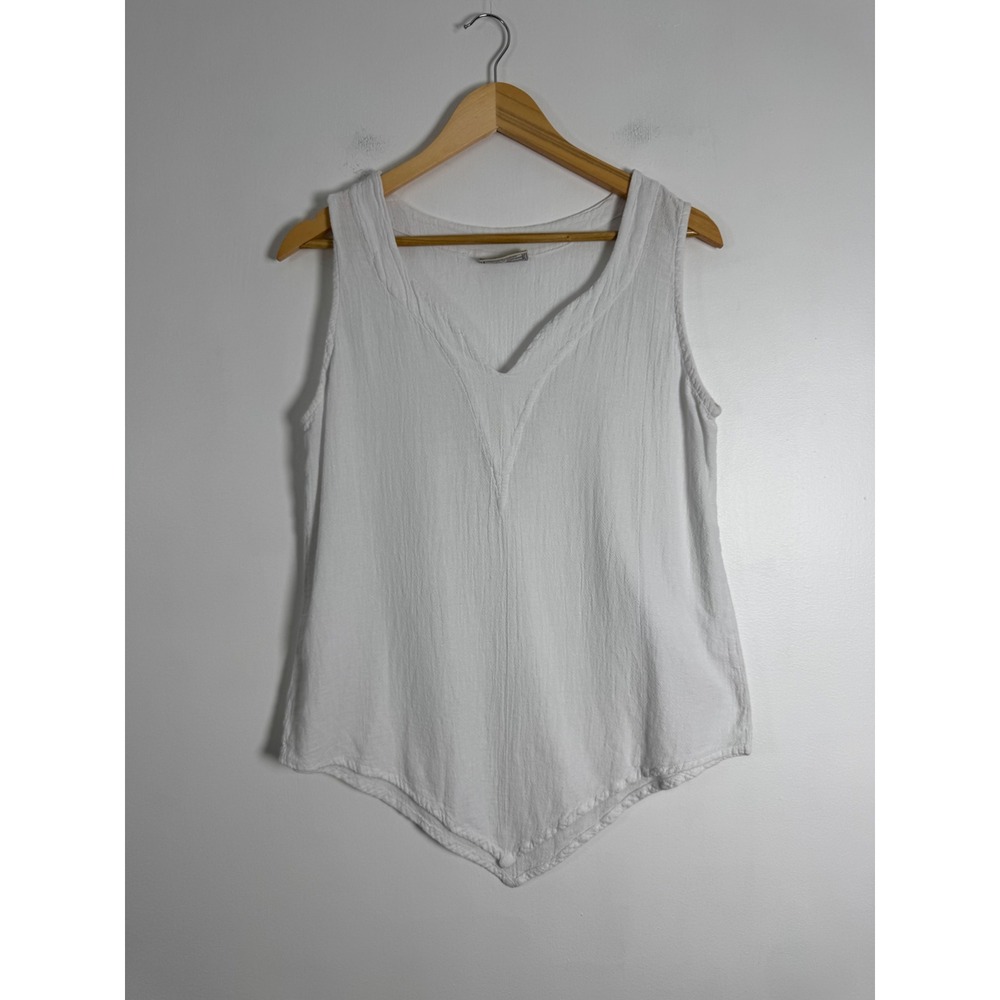 Boho Cottonways Women 1 (Small) Tank Top White Gauze Sharkbite Hem V-Neck Cotton